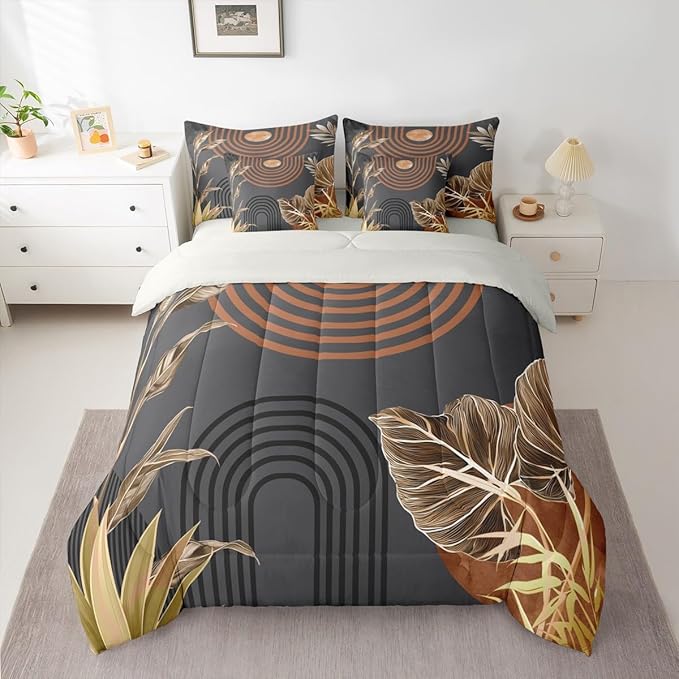Erosebridal Boho Vintage Bed in A Bag 7 Pcs Mid Century Aesthetic Comforter Set for Kids Boys Girls Retro Tropical Abstract Bedding Sets Twin Minimalist Simple Arch Sun Plant Sheet Set with Comforter