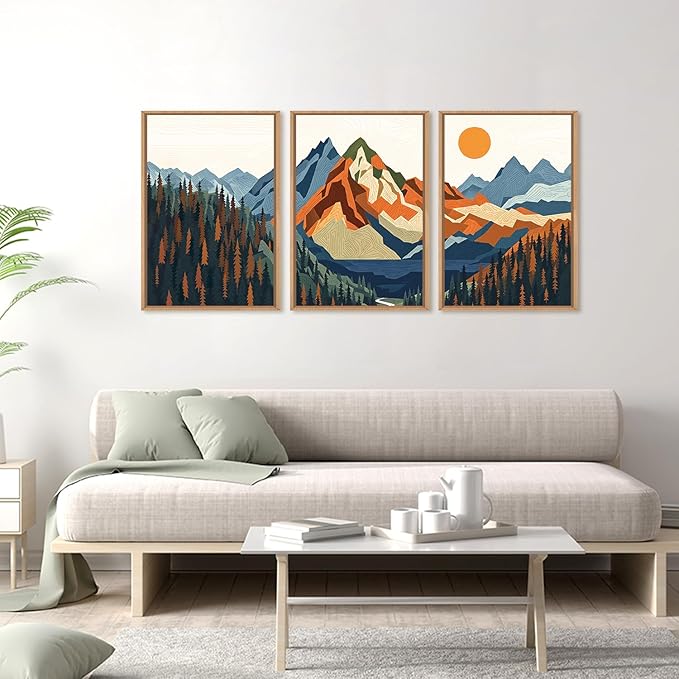 FWIEXA Vintage Mountain Framed Canvas Wall Art Set, Boho Sunrise Wall Prints, Abstract Nature Forest Artwork, Retro Lake Sunset Painting, 3 Panel 16x24 Inches Modern Rustic Decor for Living Room, Bedroom, Office