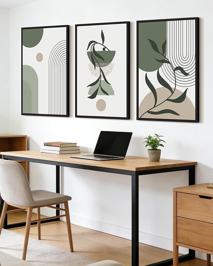 KUVIOKE Boho Wall Art Framed Botanical Modern Plants Wall Printing Green Neutral Abstract Geometric Prints Bohemain Sage Decor for Farmhouse Living Dining Room 24x36in (Black Framed)