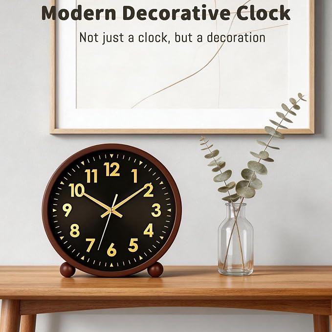 Maxspace Wooden Table Clock,8in Silent Non-Ticking Desk Clock,Battery Operated Desktop Analog Clock for Living Room Office Bedroom Decor (Black Gold - Walnut, Wooden Ball Base)