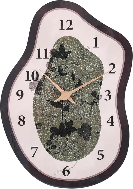 Mid Century Retro Irregular Shape Wall Clock, Silent Non-Ticking Battery Operated, 14 x 10 Inch Vintage Boho Brown&Green Art Clock for Living Room, Bedroom, Entryway, Mantel Decor