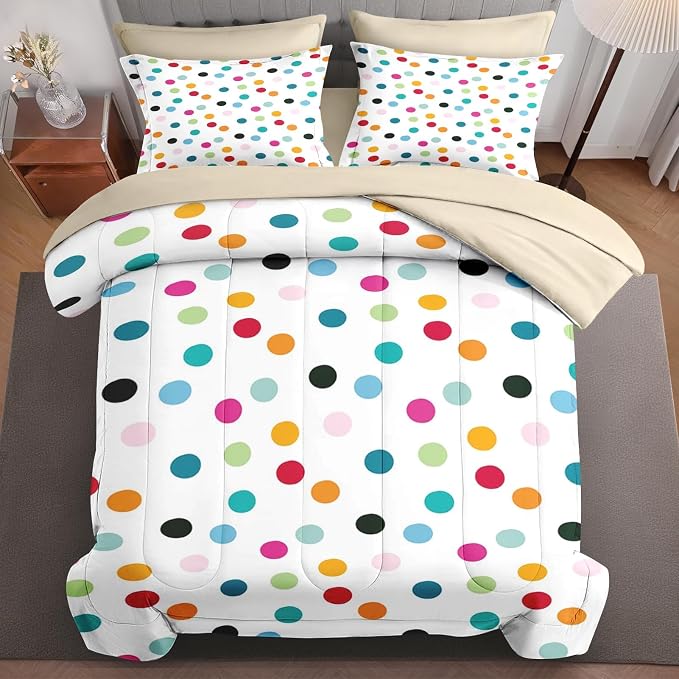 7Pcs Comforter Set Full Size, Fun Colorful Polka Dots, Bedding Decor White Cute Girly Colored Circles Bedroom Bed Set Flat Sheet Fitted Sheet Pillowcases Shams for Kids Adults