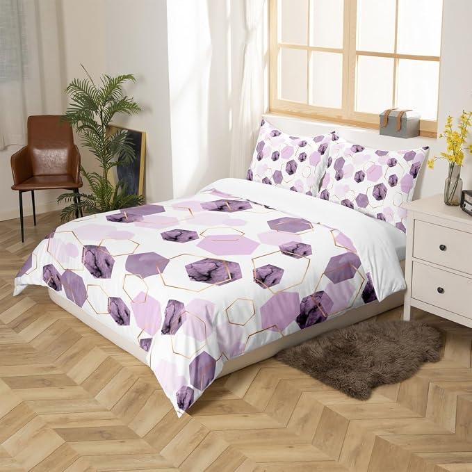 Erosebridal Lavender Purple Modern Duvet Cover Full - Marble Grain Geometric Bedding, Fresh Abstract Geometric Art Bed Set for Boys Girls Watercolor Hexagon Bed Cover with 2 Pillowcases