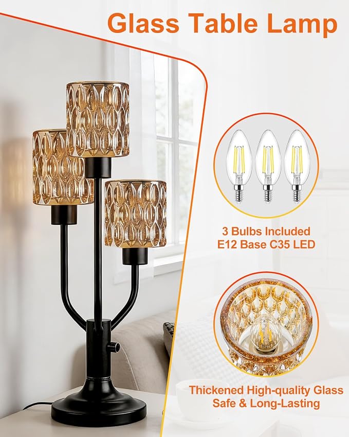 Lightdot Mid Century Modern Table Lamp for Bedroom Dimmable Nightstand Lamp Vintage Black Desk Lamp Amber Glass 3 Bulbs Included Warmwhite Ambient Bedside Lamps for Living Room Home Office Decor Gift