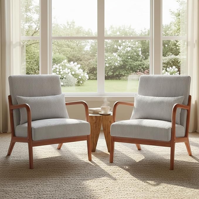 Set of 2 Mid Century Modern Accent Chair with Solid Rubberwood Frame, Comfy Corduroy Reading Armchair with Lumbar Pillow, Compact Lounge Chair for Bedroom, Living Room & Small Spaces