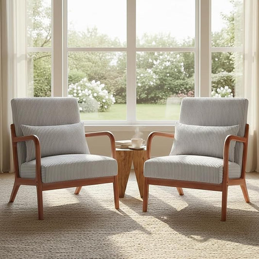 Set of 2 Mid Century Modern Accent Chair with Solid Rubberwood Frame, Comfy Corduroy Reading Armchair with Lumbar Pillow, Compact Lounge Chair for Bedroom, Living Room & Small Spaces