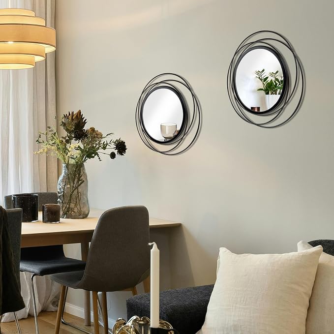 2 Set Circle Mirrors for Wall Decor for Living Room Bedroom Bathroom Entryway Metal Round Mirror Decorative Hanging Mirrors Sun Bohemian Geometric Accent Sculpture -Black 13 in