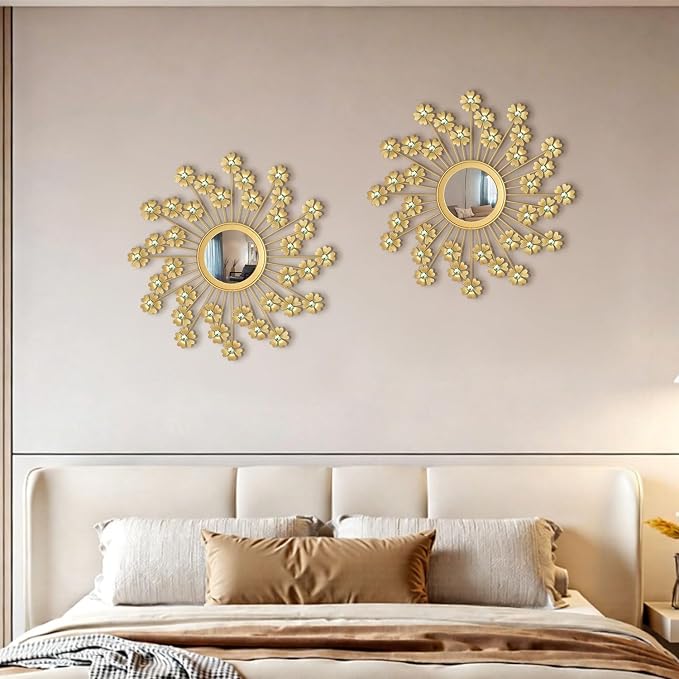 2 Pack Metal Mirrors for Wall Boho Sunburst Wall Mirror Home Decor Modern Decorative Wall Art for Bedroom Living Room Entryway