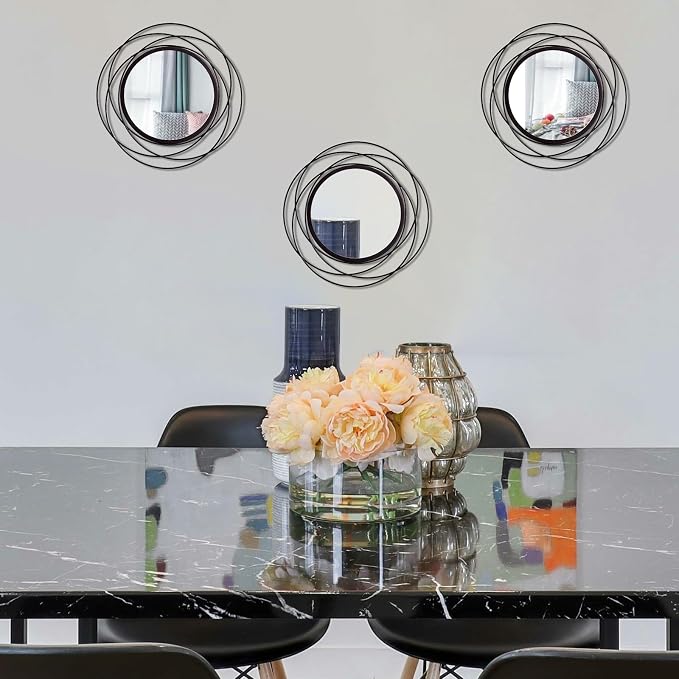 3 Set Round Mirrors for Wall Decor Living Room Bedroom Bathroom Dining Room Metal Circle Mirror Set Boho Decorative Sunburst Wall Art Accent Entryway - Black 13.3 in
