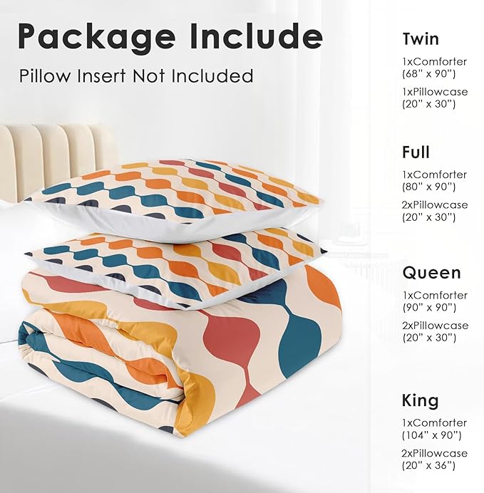 Pamnest Comforter Set Full Size, Geometric Hippie Multicolored Soft 3 Pcs Bedding for Kids and Adults, Retro Vintage 70S Comforter Set with Pillowcase, for Bedroom Bed Decor
