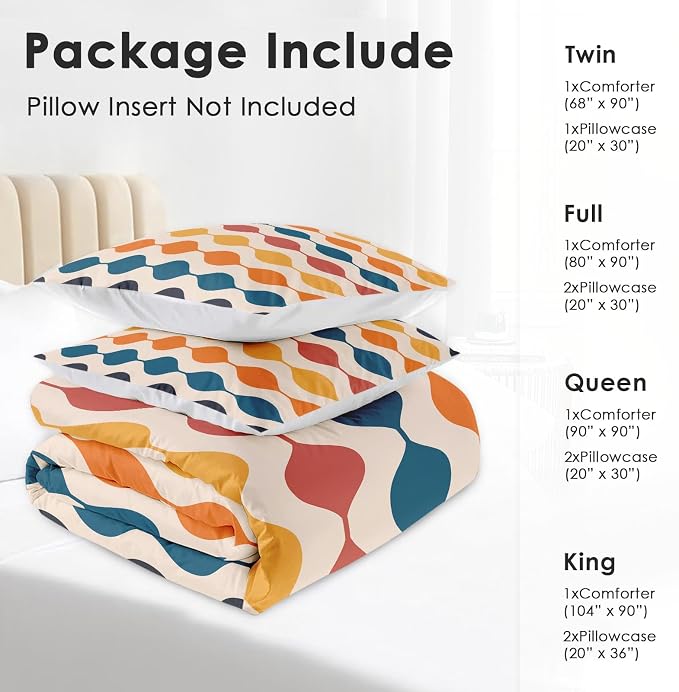 Pamnest Comforter Set King Size, Geometric Hippie Multicolored Soft 3 Pcs Bedding for Kids and Adults, Retro Vintage 70S Comforter Set with Pillowcase, for Bedroom Bed Decor