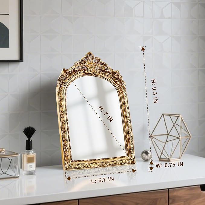 YUSONG Vintage Desk Mirror – 7" Gold Antique Tabletop Mirror with Resin Frame, Decorative Wall Art for Living Room Bedroom Vanity Desk Decor, Birthday Gift