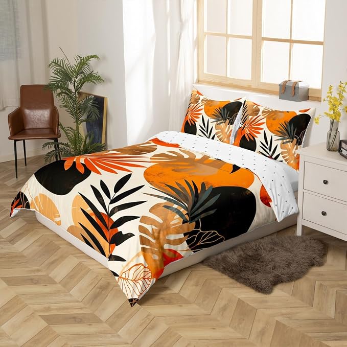 Feelyou Palm Leaf Duvet Cover Twin Size Kids Modern Abstract Art Bedding Set Boys Girls Boho Bohemian Style Comforter Cover Set Mid Century Geometric Exotic Floral Bedspread Cover(No Comforter)
