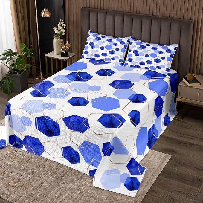 Erosebridal Blue Geometric Coverlet Set | Royal Blue Modern Abstract Kids Quilt Set Geometric Marble Art Bedspread Sets Twin | Watercolor Hexagon Aesthetic Bedding Sets for Men Women