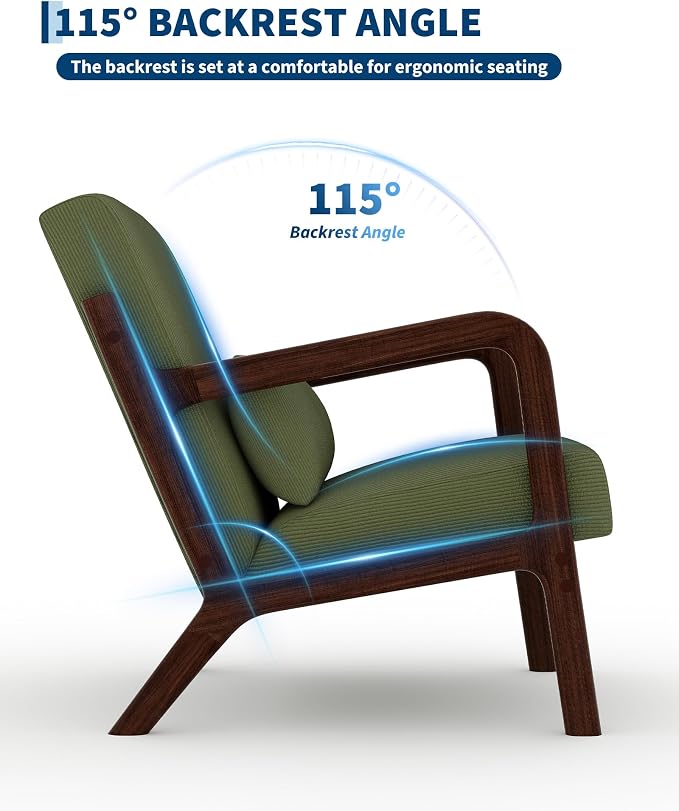 Garvee Mid-Century Modern Accent Chair, Fine Wale Corduroy Upholstery, Solid Wood Armchair with Removable Lumbar Pillow, Sturdy Reading Chair for Living Room, Bedroom, Guest Room, Easy Assembly, Green