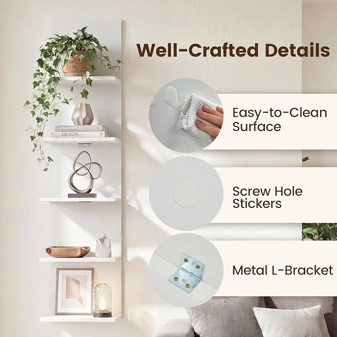 GOFLAME 5-Tier Wall Shelf, Wooden Display Floating Shelves, Wall Mounted Bookshelf Shelving Unit, Modern Storage Organizer Vanity Shelves for Living Room, Bedroom, Home Office (1,White)