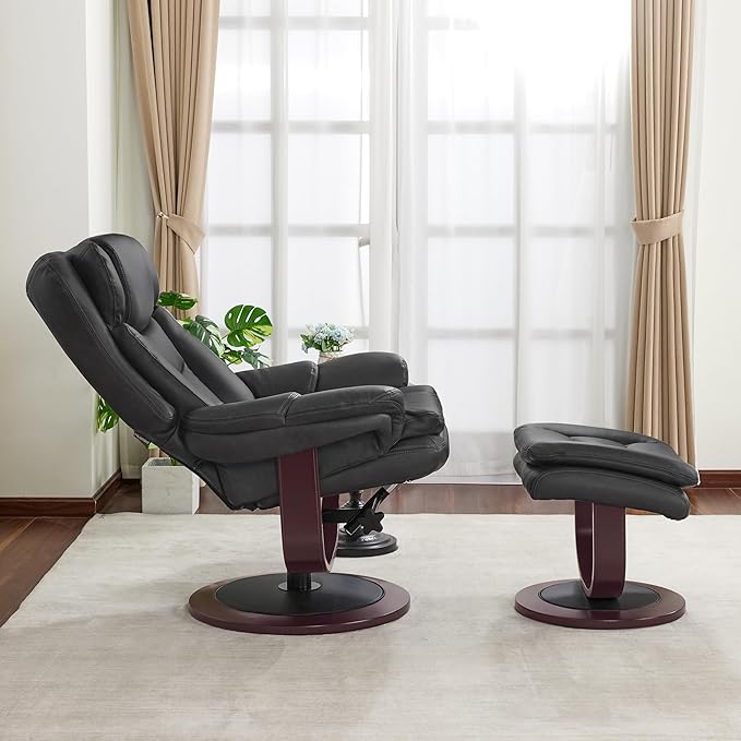 MCombo Oversized Swivel Recliner Chair with Ottoman, Adjustable Backrest, 360° Wood Base, High Seat, Faux Leather Lounge Chair for Tall Users in Living Room, Bedroom, or Office 4651 (Dark Grey)