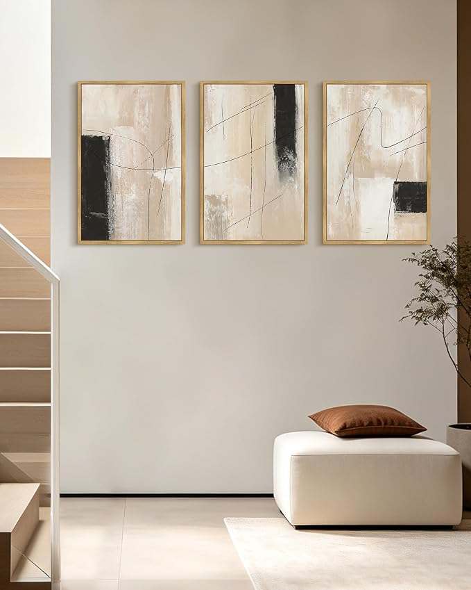 KUVIOKE Abstract Framed Wall Art Minimalist Beige Pastel Watercolor Neutral Wall Decor Modern Black Line Art Painting Home Decor 16x24in (Natural Framed)