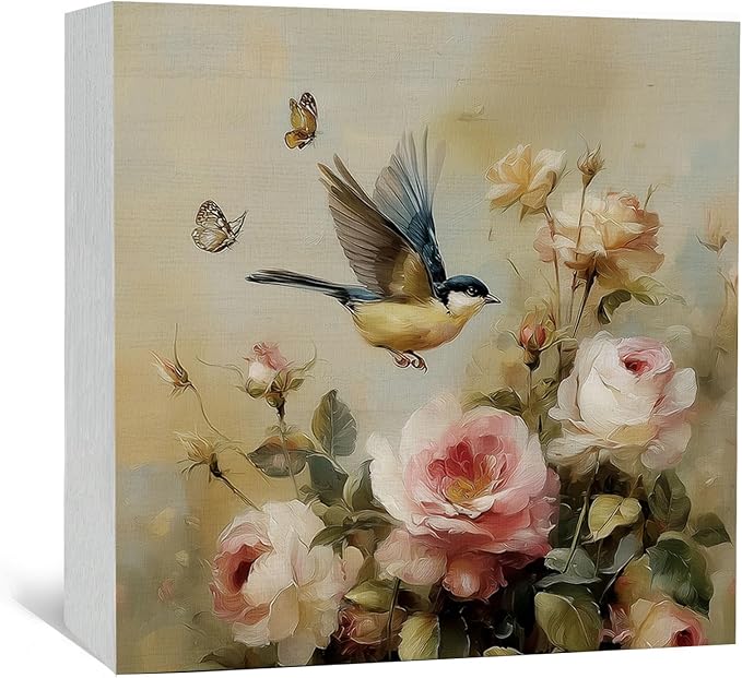 Vintage Floral Bird Decor Signs, Bird Gifts for Women Men Lover, Neutral Cottagecore Botanical Flower Wooden Box Sign for Home Bedroom Desk Table Shelf 5x5 Inch