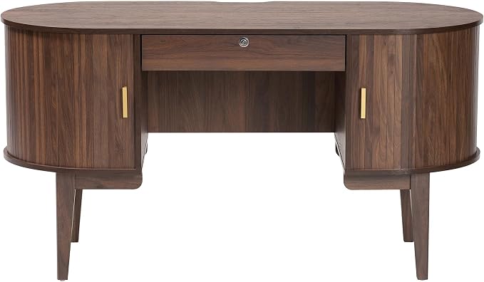 Baxton Studio Hayes Wood Writing Desk - Mid-Century Modern Oval Desk with Locking Drawer and Sliding Tambour Doors for Office or Home