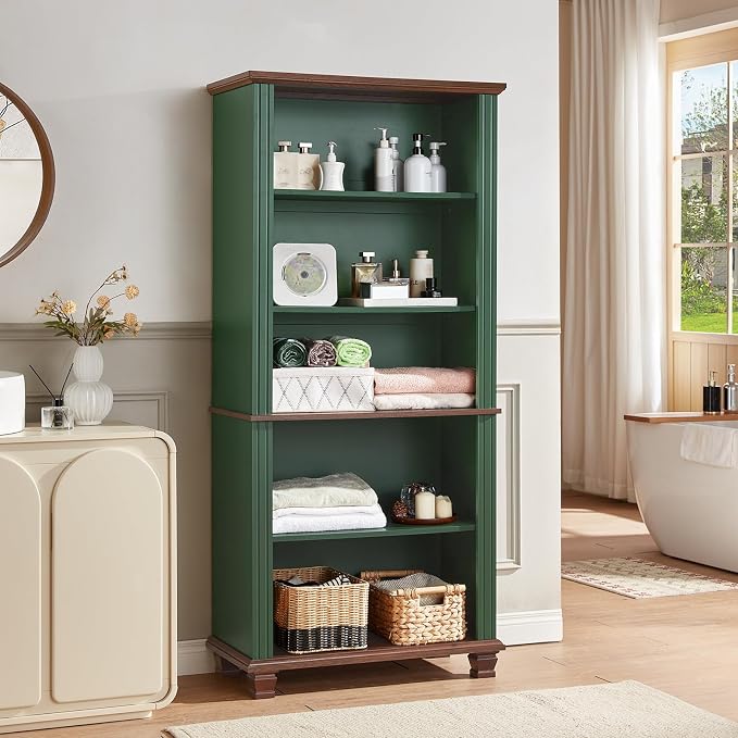 SAVOR LIFE 70" Tall Green Bookshelf,5 Tier Wooden Book Shelf with Adjustable Shelves & Wood Legs,Free Standing Farmhouse Bookcase with Open Display Storage,Vintage Bookshelves for Library, 3PCS