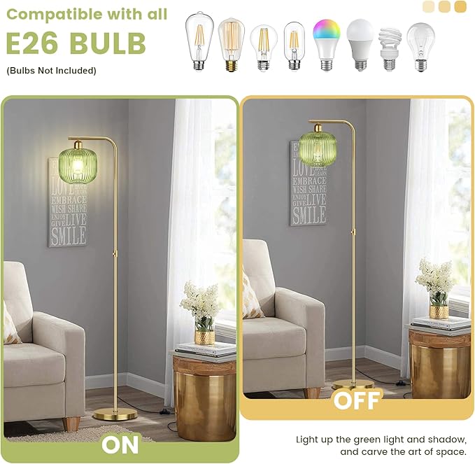 Dimmable Gold Floor Lamp, Mid Century Modern Floor Lamp with Foot Switch, 67" Tall Lamp Green Ribbed Glass Retro Brass Standing Lamps for Living Room Bedroom Office Study Room