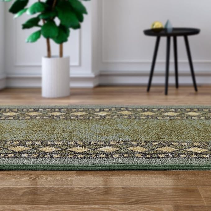 Antep Rugs Alfombras Modern Bordered 2pc Non-Skid (Non-Slip) Low Profile Pile Rubber Backing Indoor Kitchen Runner Rugs (Green, 2pc Set)