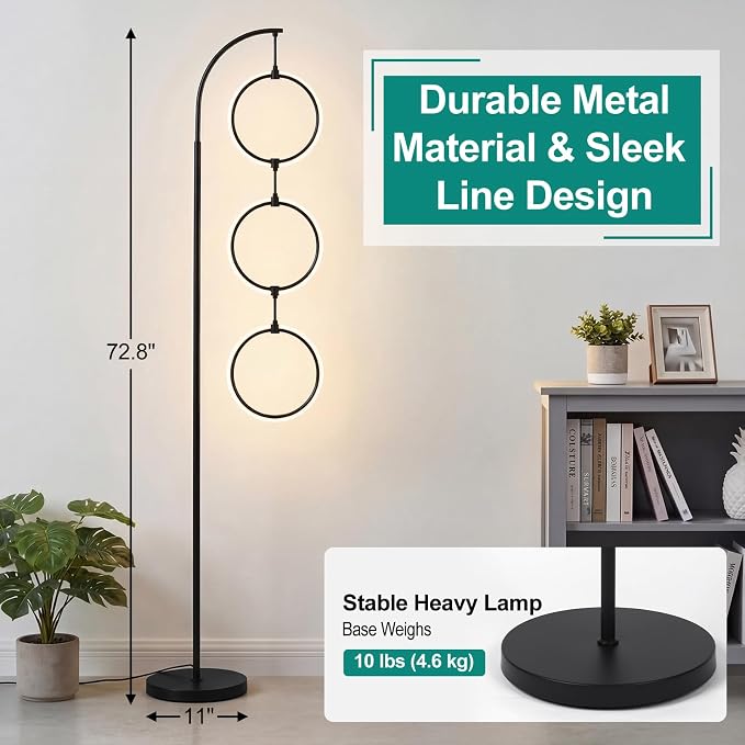 Bairth Black 3-Light LED Floor Lamp, Modern Arc Floor Lamp for Living Room, Industrial Stepless Dimmable & 3-Way Dimmable Tall Arch Standing Floor Lamp for Reading, Bedroom, Office, Matte Black