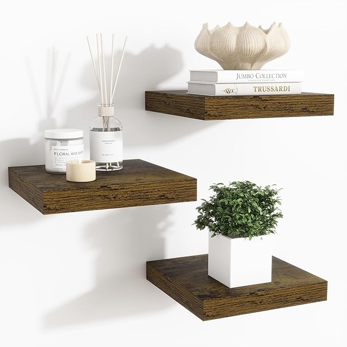 Fun Memories Floating Shelves for Wall - 7.5 Inch Square Shelves with Invisible Brackets, Small Wall Shelf for Living Room, Bathroom, Bedroom, and Kitchen Decor，Brown Set of 3