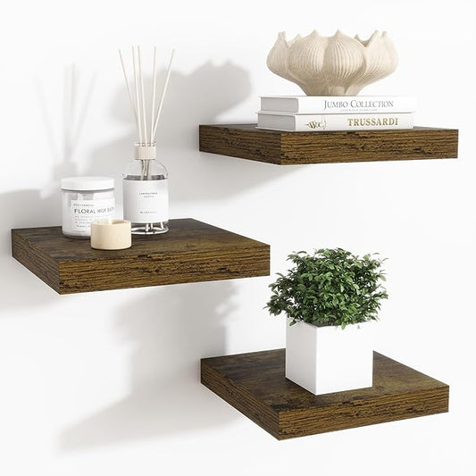 Fun Memories Floating Shelves for Wall - 7.5 Inch Square Shelves with Invisible Brackets, Small Wall Shelf for Living Room, Bathroom, Bedroom, and Kitchen Decor，Brown Set of 3