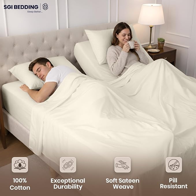 SGI Split King Sheet Set for Adjustable Bed Egyptian Premium Cotton 600 Thread Count Sheets for Sleep Number Bed 15" Deep Pocket 5 Pc Set with 2 Twin XL Fitted Sheets Soft Breathable -Ivory