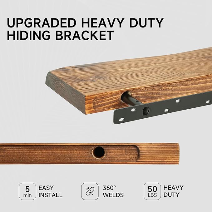 32 Inch Wooden Floating Shelves for Wall Set of 2, Finnish Spruce Solid Wood Shelf, Natural Wood Floating Shelves for Living Room, Bathroom, Bedroom, Kitchen, Brown Finish