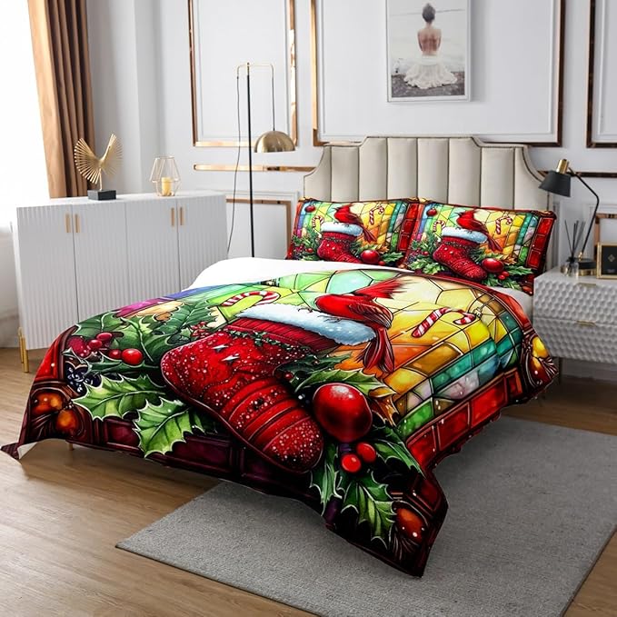 Merry Christmas Kids Bedspread Queen Size,Redbird Candy Christmas Stocking Happy New Year Coverlet Set,Boys Girls Room Decor,Leaves Geometric Quilted Coverlet,Red Xmas Bedding Quilt,2 Pillowcases