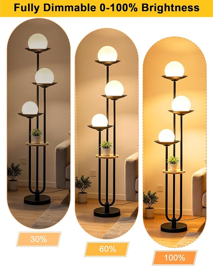 Lightdot 3-Globe Dimmable Floor Lamp with Table Modern Floor Lamps with 5Lbs Heavy Base for Wedding/Party 3000K Warm White Bulbs Included Black Standing Lamp for Living Room/Bedroom/Sofa Beside/Corner
