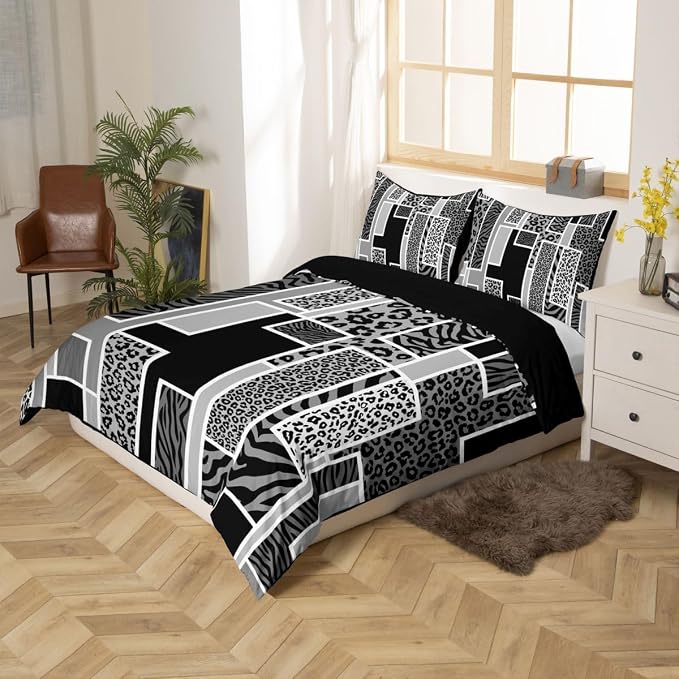 Erosebridal Leopard Print Duvet Cover King Cheetah Zebra Skin Print Bedding Set Black Grey Animals Fur Rustic Comforter Cover for Kids Teen Adults,Geometric Square Patchwork Bed Set