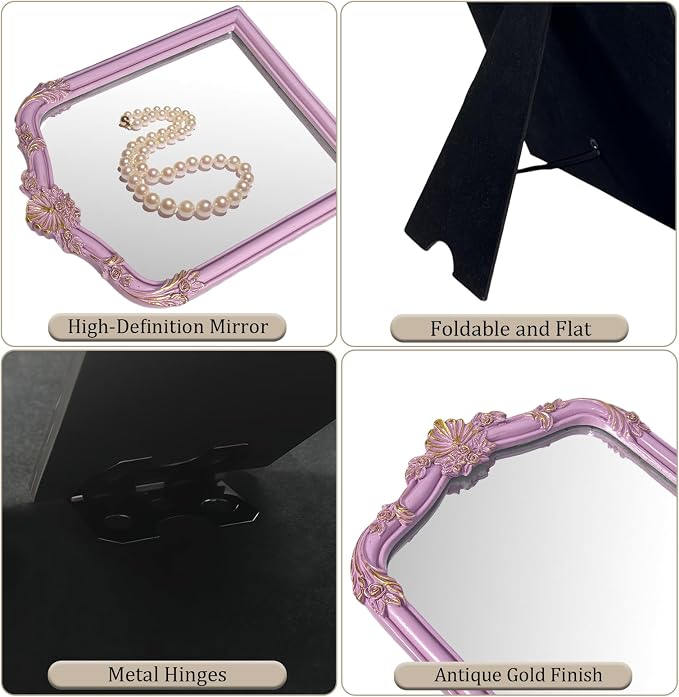 Pink Flower Bow Mirror - 13x10 Inch Elegant Decorative Accent, Wall-Mounted & Tabletop Makeup Mirror for Bedroom Interior Decor