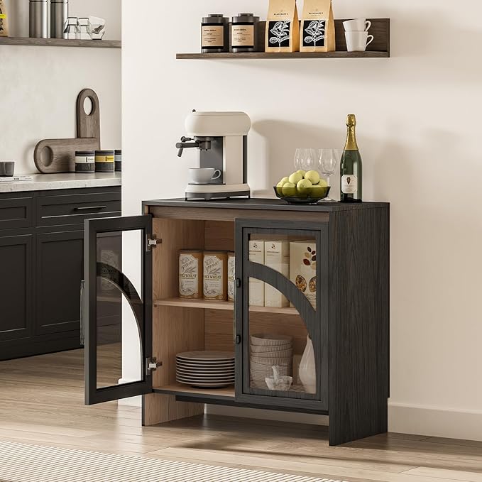 Accent Cabinet with Arched Glass Doors, 31.5” Modern Sideboard Buffet Cabinet with Adjustable Shelves, Storage Cabinet for Living Room, Entryway, Dining Room, Coffee Bar, Black & Oak