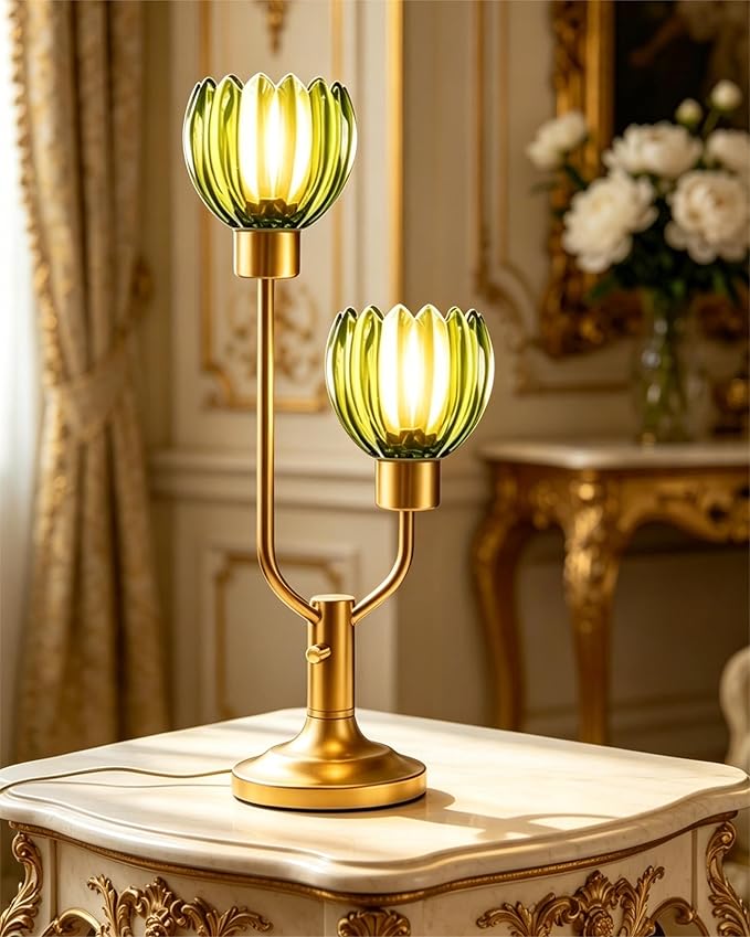 Lightdot Green Glass Flower Table Lamp for Bedroom Dimmable Nightstand Lamp Mid Century Modern Vintage Gold Desk Lamp 2 Bulbs Included Warmwhite Ambient Bedside Lamp for Living Room Home Office Decor