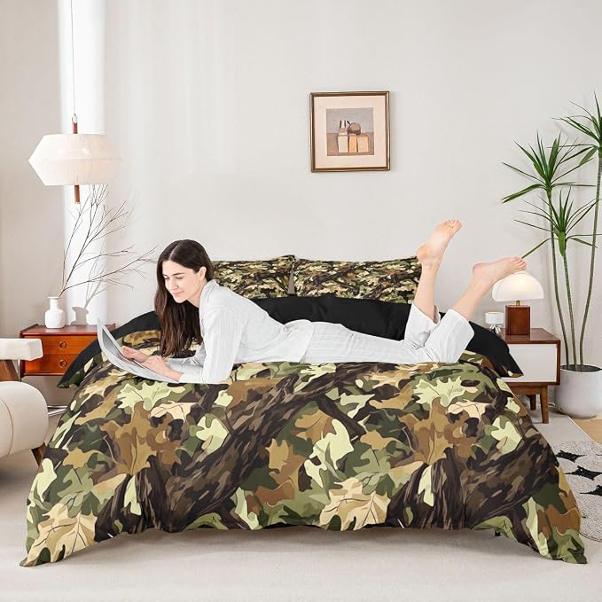 Natural Green Duvet Cover Set Botanical Leaf Plant Twin Bedding Sets for Girls for Preteen Boys Girls | Rustic Western Camo Tree Comforter Cover Hunting Farmhouse Bed Set, Room Decor Aesthetic