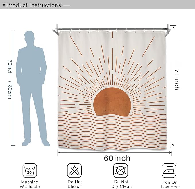 Miyotaa Abstract Minimalist Sunrise Shower Curtain Set 60Wx71H Inches Modern Aesthetic Mid Century Retro Sun Sunset Waterproof Bathroom Curtain with 12 Hooks