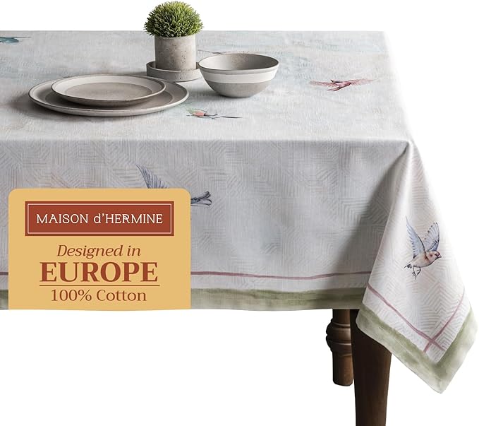 Maison d' Hermine Table Cloth Square Table 100% Cotton 54 x 54 Inches Tablecloth Reusable Decorative for Dining Room Farmhouse Home Valentines Day Decorations Spring Summer - Flying Birds