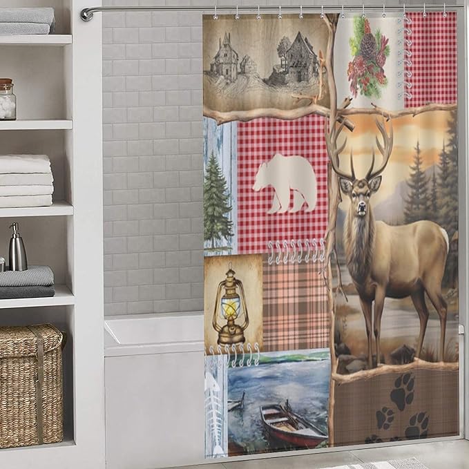 Retro Bear Rustic Shower Curtain, Farmhouse Country Antique Moose Bear Forest Vintage Wood Hunting Camping Waterproof Shower Curtains for Bathroom Decor 12 Pack Hooks 55x72in（140x183cm）