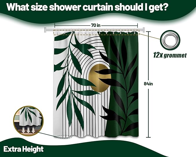 Olive Green and Gold Shower Curtain, Boho Modern Mid Century Shower Curtains for Bathroom Decor, Waterproof Fabric with Hooks, 70" W x 84" L (Pack of 1)