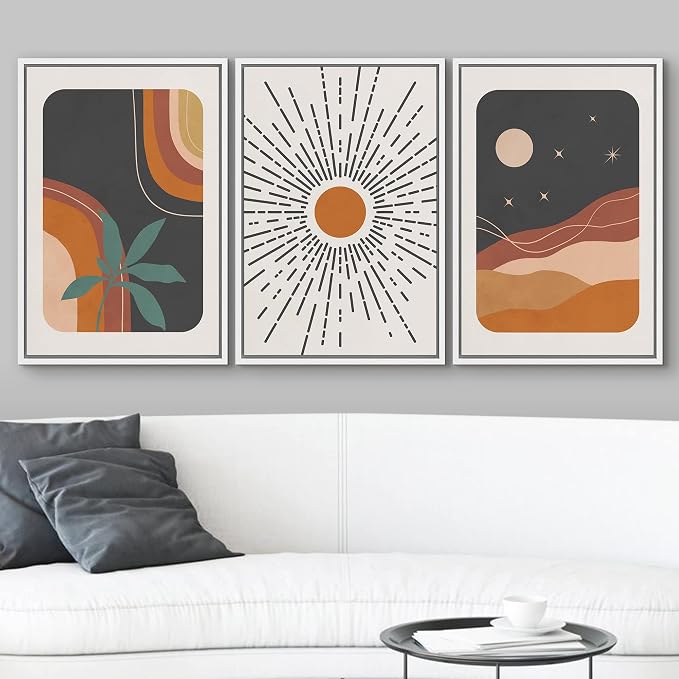 wall26 Framed Canvas Print Wall Art Set Boho Mid-Century Colorful Sun Moon Landscapes Nature Abstract Illustrations Modern Art Bohemian Decorative for Living Room, Bedroom, Office - 24"x36"x3 White