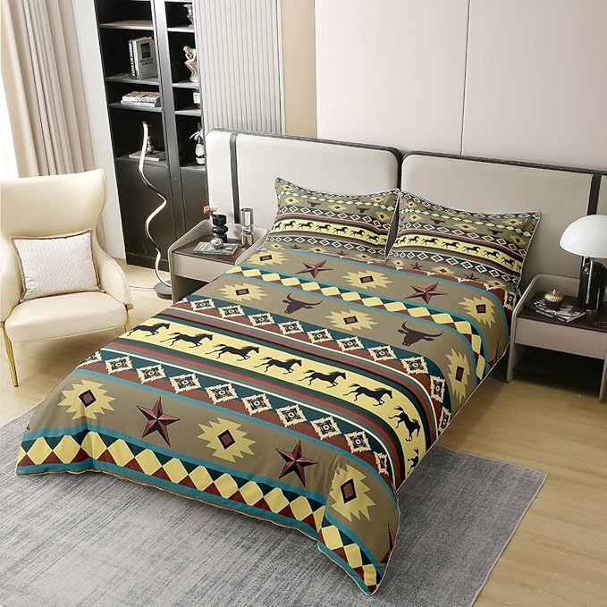 100% Cotton Horse Duvet Cover King Texas Star Bedding Set Aztec American Southwestern Bull Skull Comforter Cover Green Blue Abstract Geometric Native Tribal Room Decor Quilt Cover for Teens