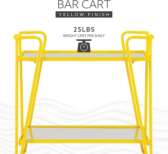 Linon Gina Yellow Mid Century Bar Cart with Mirrored Shelves