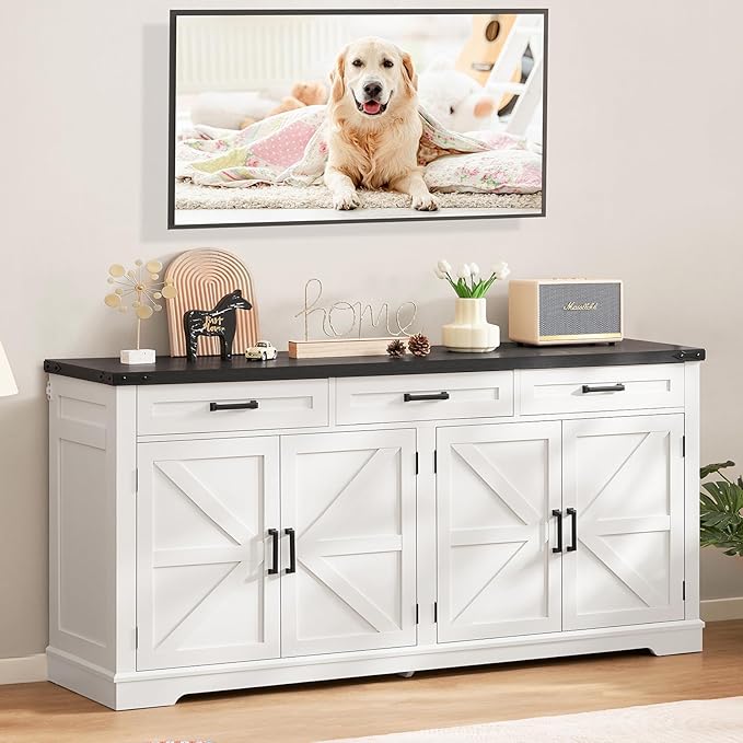 usikey 61” Large Sideboard Buffet Cabinet with 4 Doors and 3 Drawers, Farmhouse Buffet Table, Dining Room Storage Cabinet for Kitchen or Living Room, White