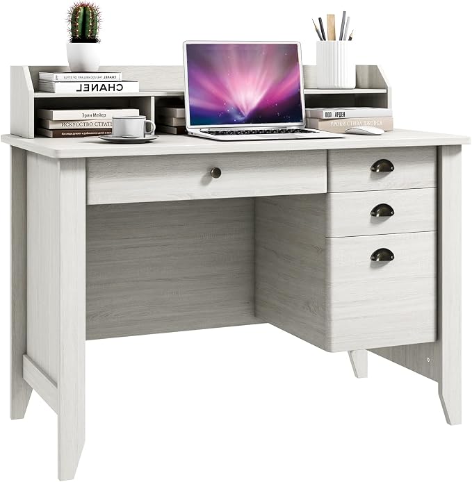 48" Vintage Computer Desk with 4 Storage Drawers & Top Hutch, Home Office Workstation with Drawer & Monitor Stand, Wooden Study Work Writing Table (White)