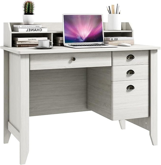 48" Vintage Computer Desk with 4 Storage Drawers & Top Hutch, Home Office Workstation with Drawer & Monitor Stand, Wooden Study Work Writing Table (White)