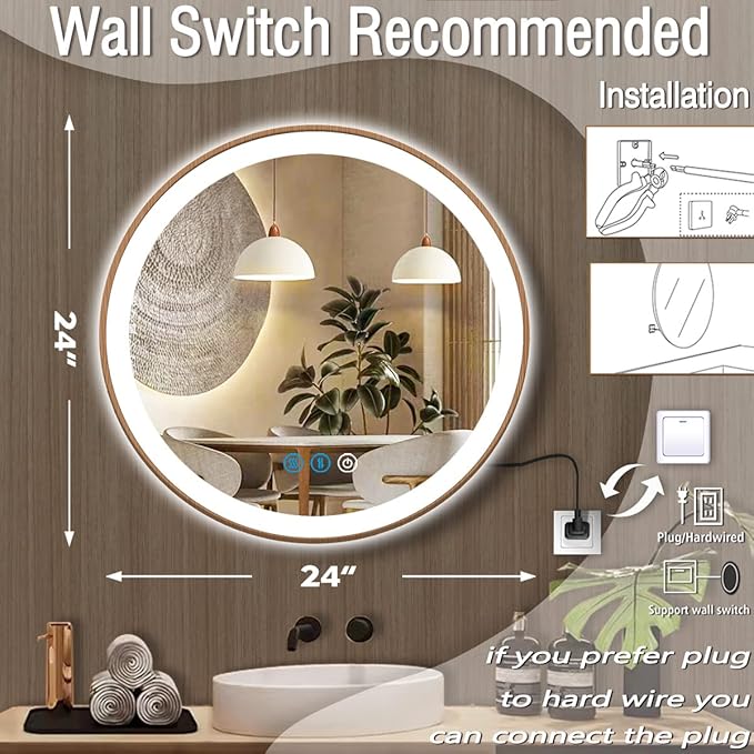 24 Inch Wood Bathroom Round LED Mirror with Lights Wood Frame Round Lighted Mirror for Bathroom Wall Round Vanity Lighted Mirrors 3 Color Dimmable Anti Fog Bathroom Circle Smart Light up Mirror